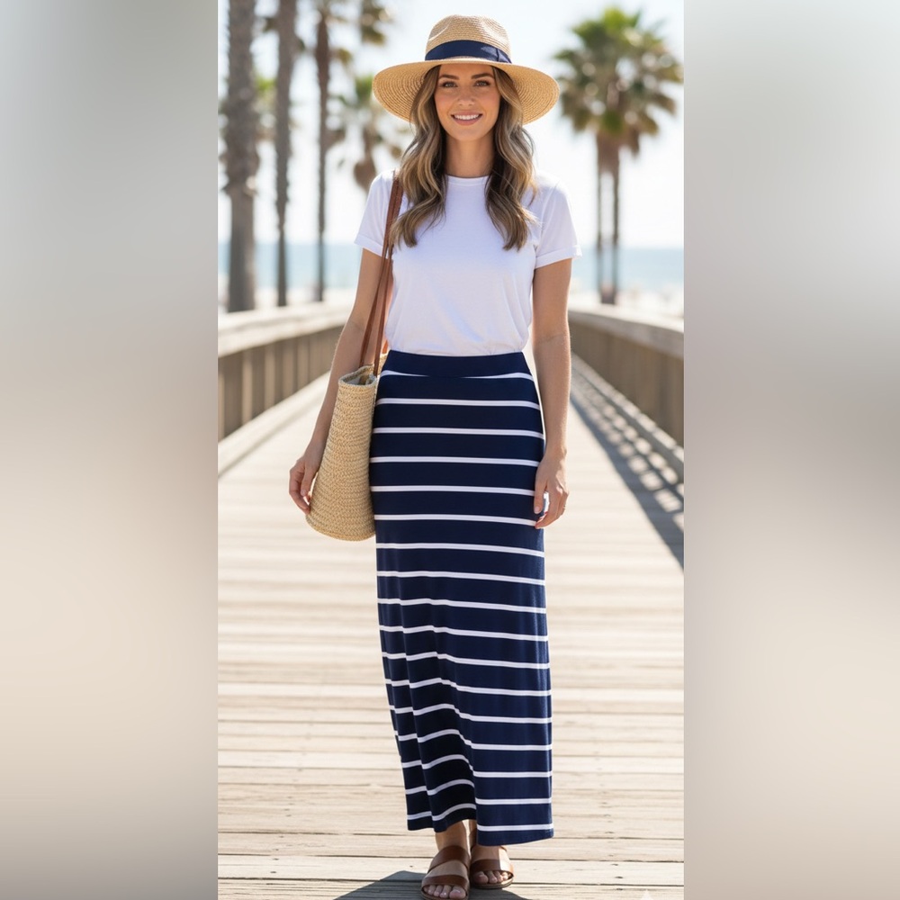 Promesa Blue and White Striped Maxi Skirt